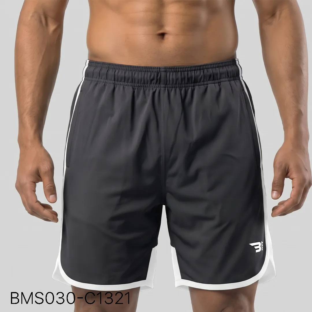 Men's practice short front view showing elastic waistband and curved hem split