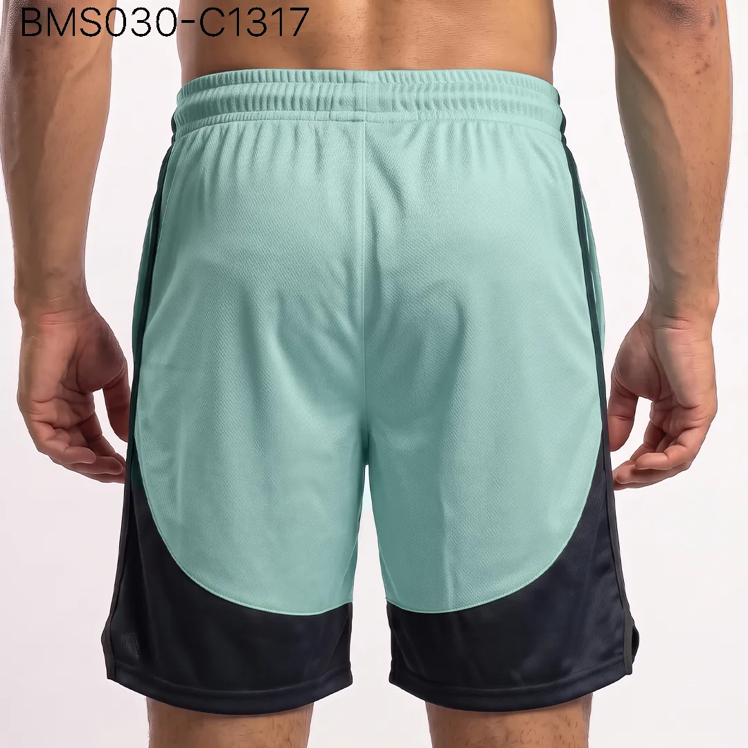 Men's athletic practice short back profile view with curved contrast paneling