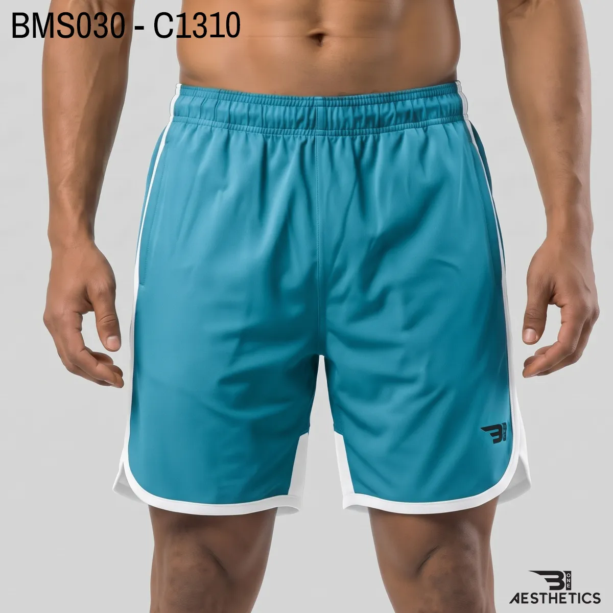 Men's practice short front view showing elastic waistband and curved hem split