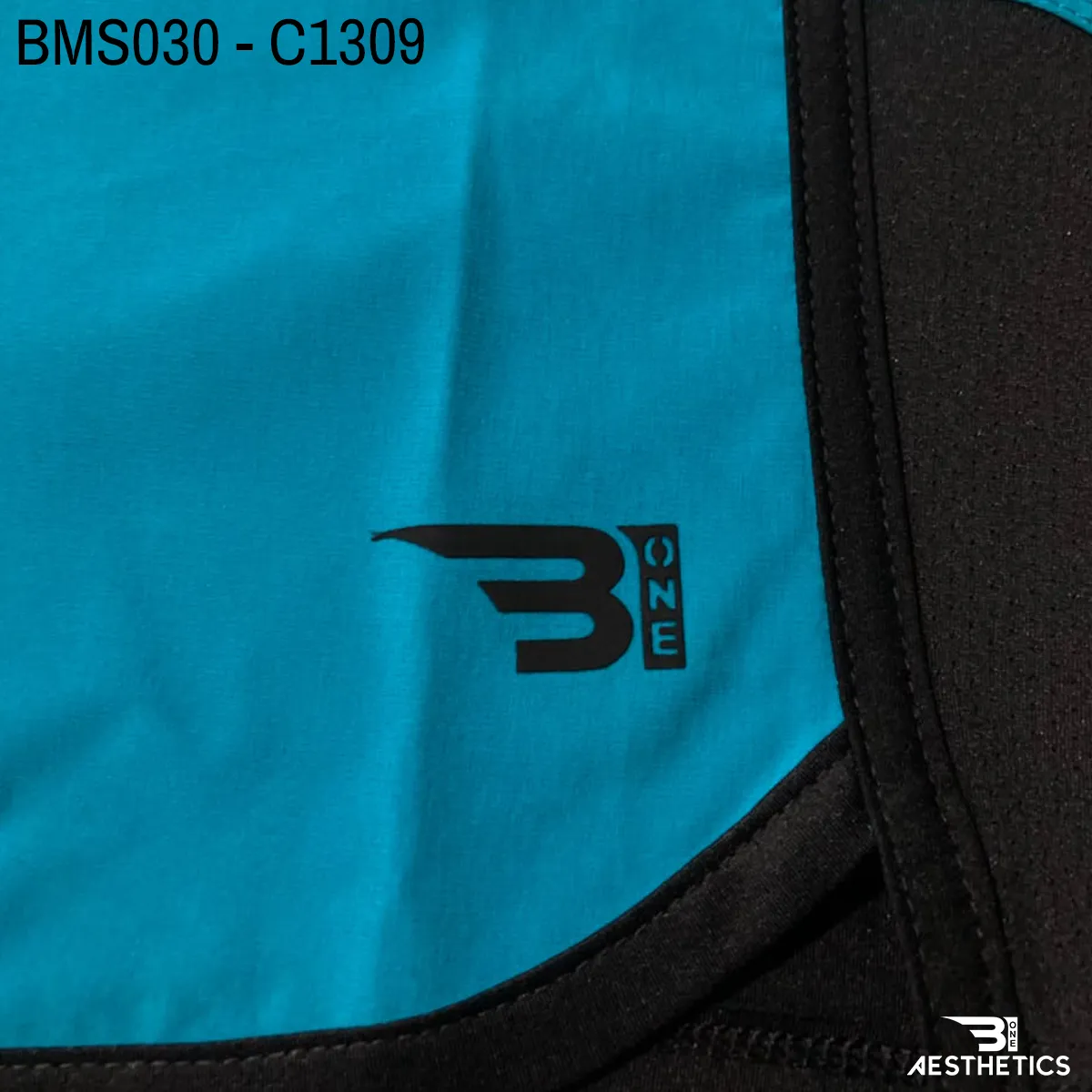 Close up of practice short breathable eyelet mesh fabric and high-density logo