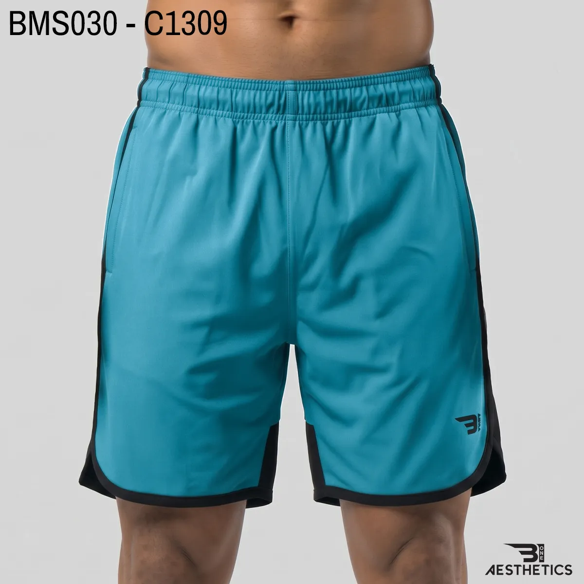 Men's practice short front view showing elastic waistband and curved hem split