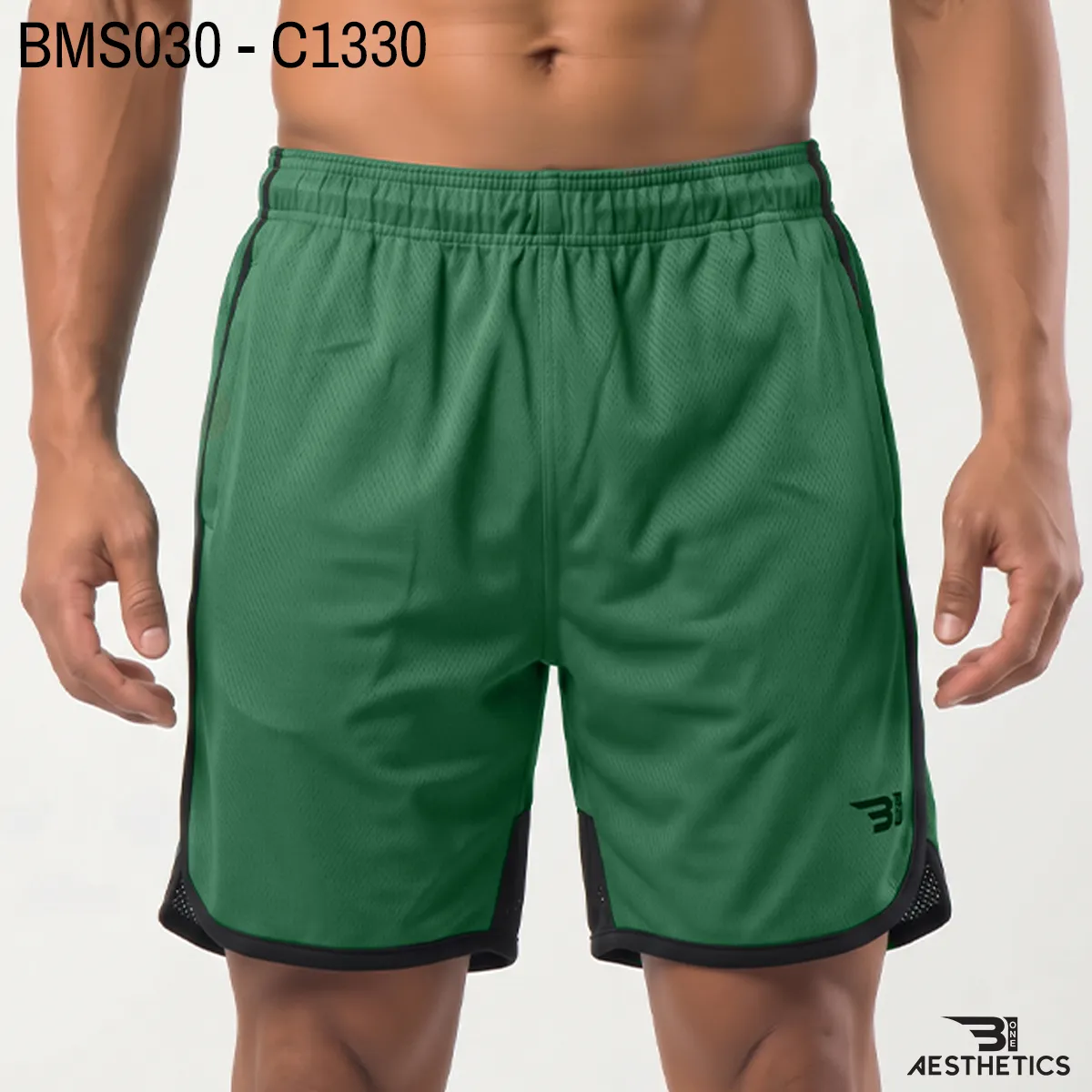 Men's practice short front view showing elastic waistband and curved hem split