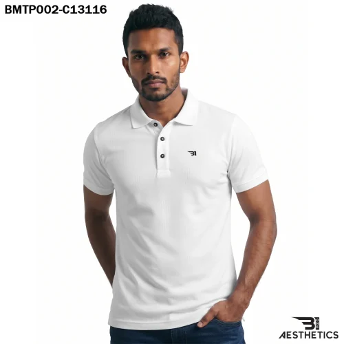 Classic polo t-shirt front view showing regular athletic fit and button placket