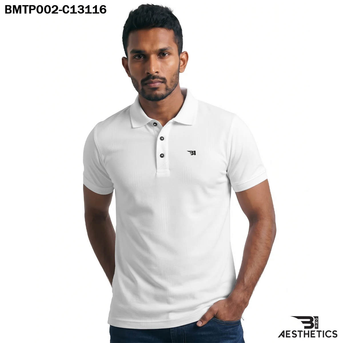 Classic polo t-shirt front view showing regular athletic fit and button placket