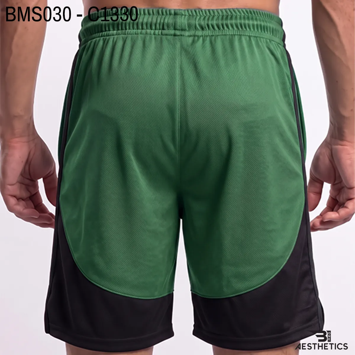 Men's athletic practice short back profile view with curved contrast paneling