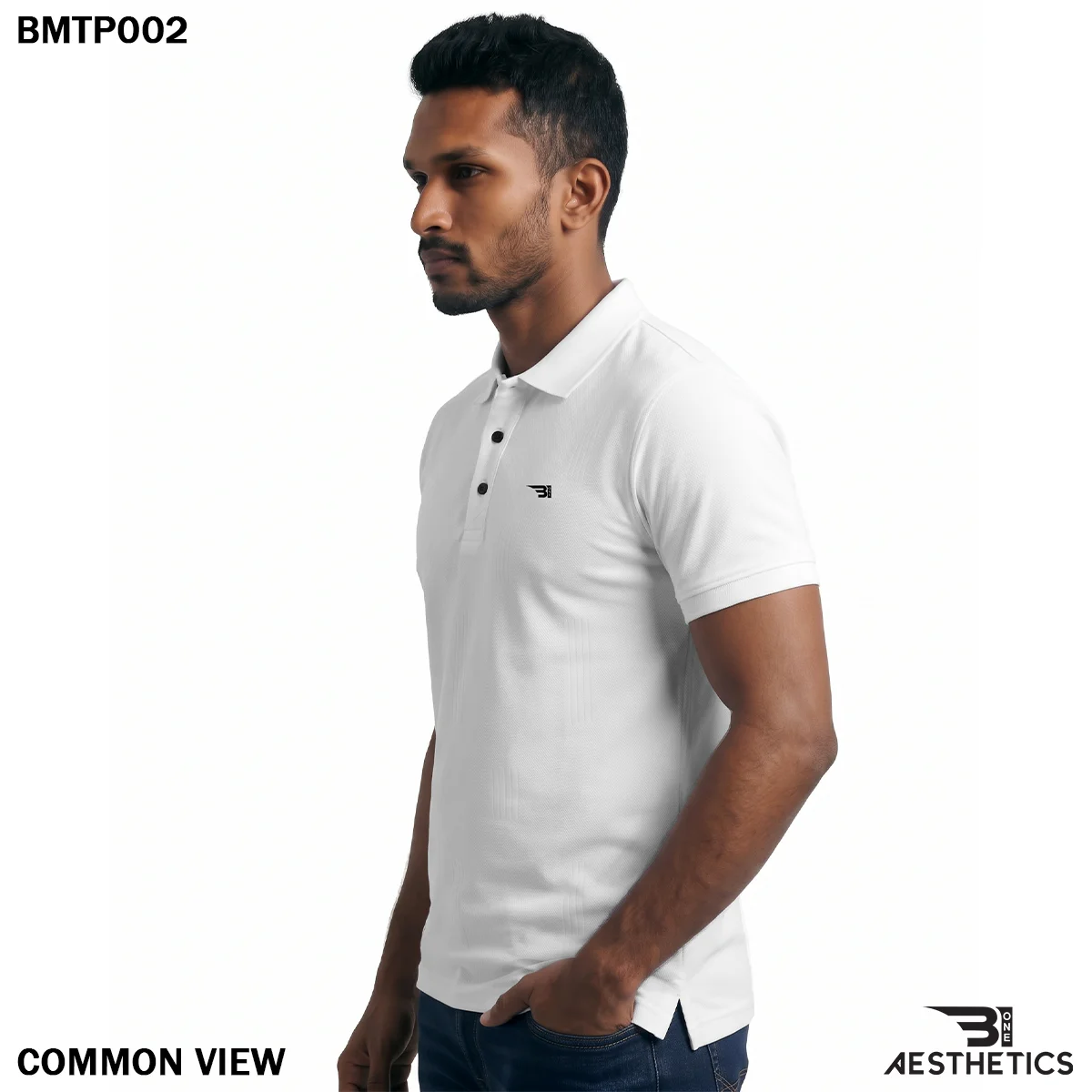 Classic polo t-shirt side profile view with ribbed sleeve cuffs and side slit hem