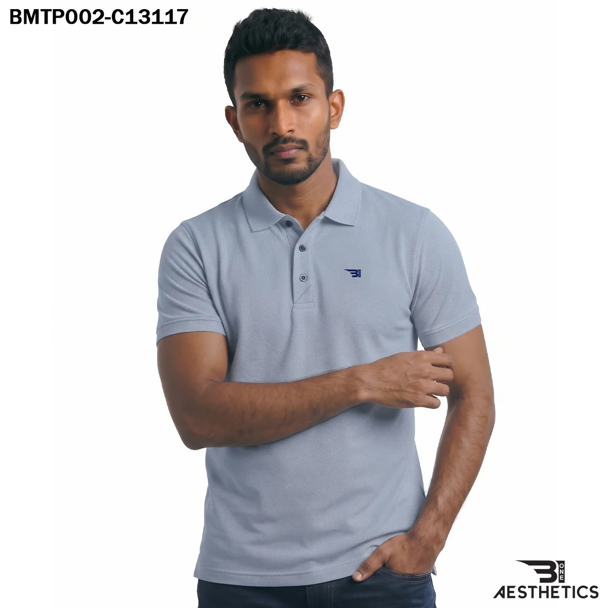 Classic polo t-shirt front view showing regular athletic fit and button placket