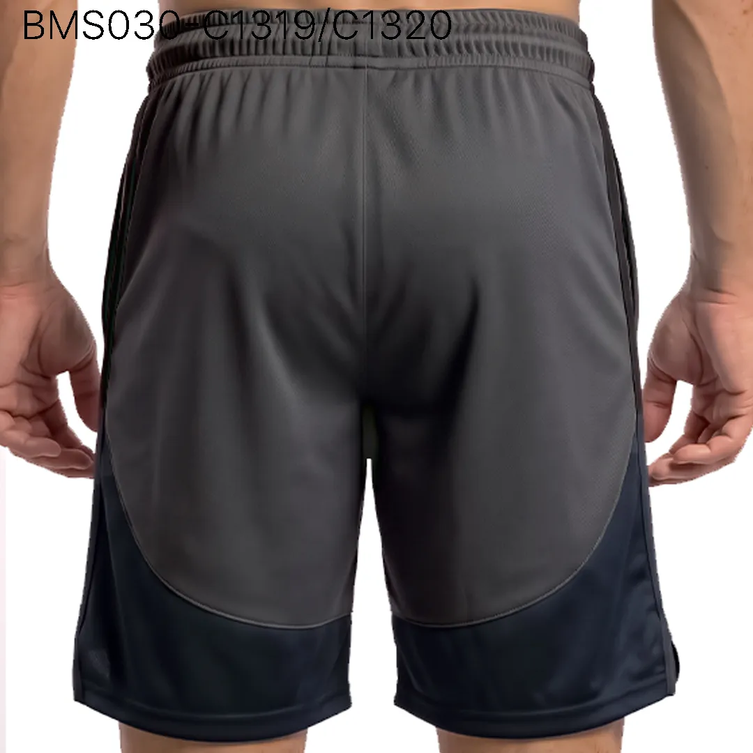 Men's athletic practice short back profile view with curved contrast paneling